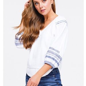 White thermal cotton v neck peasant top